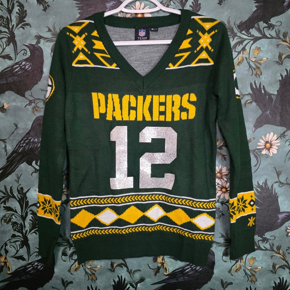 NFL Green Bay Packers Sweater Aaron Rodgers 12 Sequin Ugly Christmas Holiday S